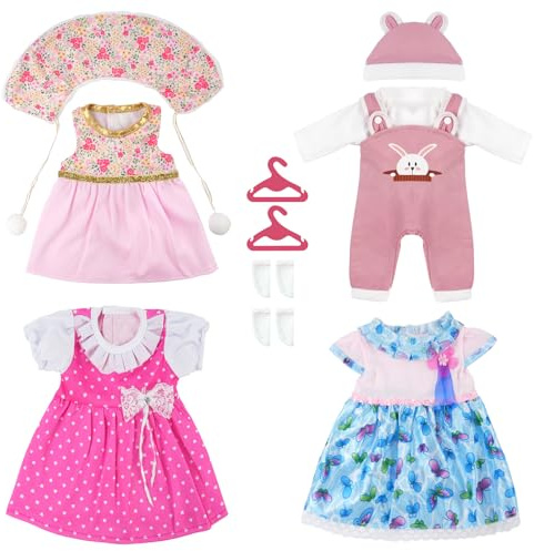 Aolso Vestiti per Bambole per New Born Baby Doll, Abito per Bambolotti 35-45CM, Vestito Stampa con Cappello, Regali per Ragazze, Bambini, Confezione da 4 Serie Coniglio (Bambola non Inclusa)