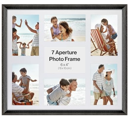 6x4 Multi Aperture V Shape Photo Frame, Holds 7 6x4 Photos or Pictures, Black Wood Effect Multi Picture Frame, Plexi Glass, Wall Mounted Landscape or Portrait