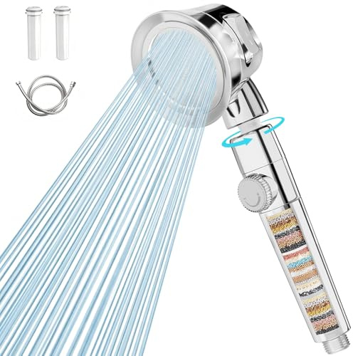 WELDUN Hard Water Filter Shower Head, Rotatable Shower Head with 20 Stage Filter, 1.5M Shower Hose, Bathroom Handheld Shower Heads with 3 Mode, Water Level Regulation Bottom, Silver