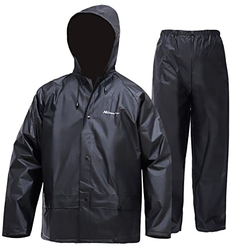 Rain Suit for Men Women, Ultra-Lite Waterproof Rain Coat (Jacket + Trousers) Sets Windproof Hooded Rain Gear Work wear (Black, XXL)