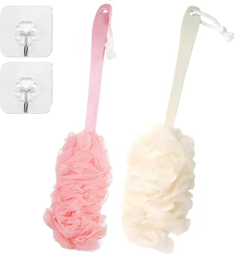 YGHSZ 2 Pieces Back Brush Scrubber Shower Loofah Long Handle Bath Brush Shower Body Brushes with Bath Net Sponge Soft Mesh for Exfoliating and Removing Dead Skin for Men and Women(Pink and Beige)