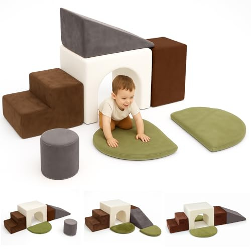 GreenWhim Kids Soft Play Set 7PCS Foam Climbing Blocks Indoor Toddler Climb and Crawl Play Gym Montessori Sensory Toy for Gross Motor Development EN71 Certified (Grey)