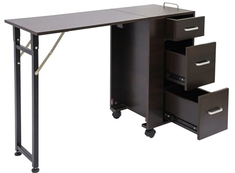 DSYOGX – Rullande manikyrbord, hopfällbart nagelbord, manikyrbord, bärbart manikyr-rullbord med 3 lådor som nagelstudiobord, skrivbord, datorbord osv (träådring)