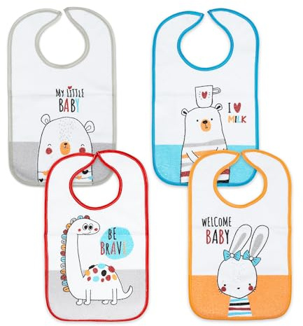 Ti TIN | Lot de 4 Bavoirs ImpriméÉponge Imperméable, 25x39 cm | 73% Coton - 27% Polyester - Bavoirs pour Bébés de 6 à 12 mois - Fermeture avec Scratch - Doublure Vinyle - Motif Animaux - 140g/m²