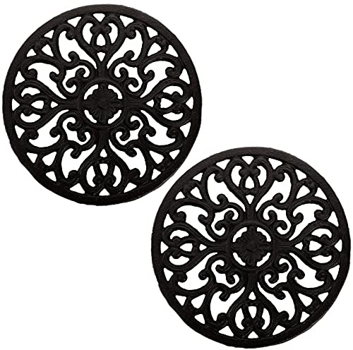 Hedume 2 Pack Cast Iron Trivet, 6.8 Cast Iron Round Trivet with Vintage Pattern and Rubber Pegs/Feet for Serving Hot Dish, Pot, Pans and Teapot on Kitchen Countertop or Dinning