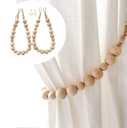 ICOUVA Wooden Bead Curtain Tiebacks, 2 Packs Natural Wood, Farmhouse Curtain Holders for Drapes