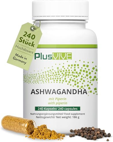 PlusVive Ashwagandha Kapseln hochdosiert I 1x 240 Kapseln I 1950mg Ashwagandha pro Tag I Kapseln mit Ashwagandha-Pulver (Schlafbeerenpulver) & Piperin I vegan & laborgeprüft