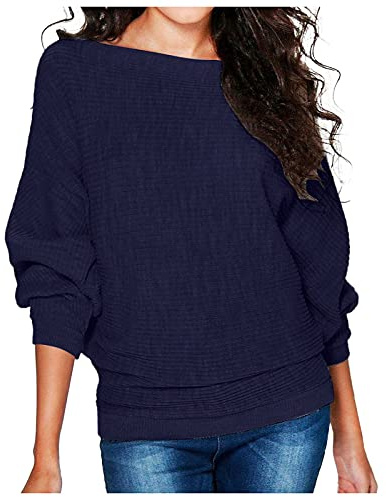 Pullover Femme Coton Tricoté Manches Chauve-souris Ribbed Sweat-shirt T-shirt Manches Longues Sweatshirt Élégant Uni Grandes Tailles Décontracté Tricoté Pull Top Chemisiers & Tuniques pour Femmes