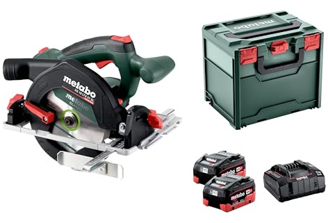 metabo Sega circolare a batteria KS 18 LTX 57 BL – 18 V, CAS, profondità di taglio 57 mm, diametro lama 165 mm, taglio obliquo preciso fino a 50° – Softgrip, freno di scarico – Include 2 batterie 8,0