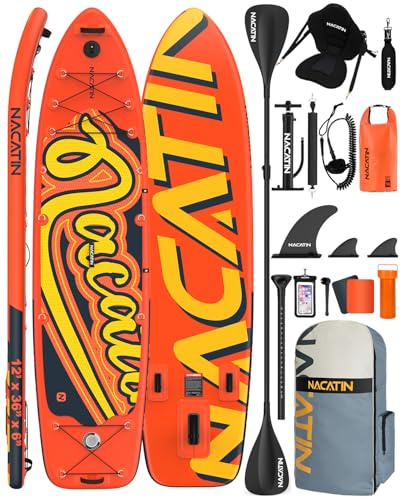 NACATIN 12'/366cm Extra Large Inflatable Stand Up Paddle Board with Seat, Wide 36/91cm SUP Board for Adults & Family, with Single/Double Paddle, Kayak Seat, Pump, Stable Wide Deck for Beginners