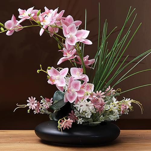 SYDDOL 17 Artificial Orchid Flowers in Pot Zen Decorative Orchid Bonsai Real Touch Artificial/Faux Flowers with Ceramic Pot for Table Centerpieces Home (Pink + Black)