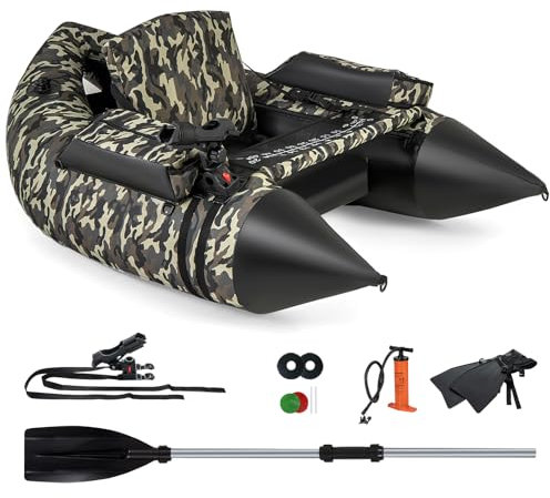 COSTWAY Aufblasbares Schlauchboot, Angelboot mit Flossen, Fischlineal, Rutenhalter, Vorratstaschen, Pumpe & Verstellbarer Rückenlehne, Fischerboot 150 kg belastbar, Belly-Boat 150 x 110 x 48 cm