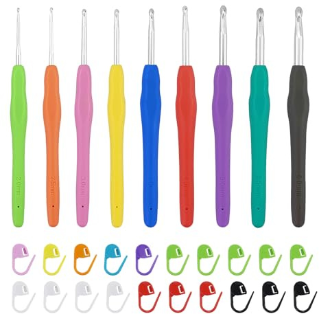 Ensemble de 9 crochets ergonomiques avec poignée souple pour un confort optimal et un contrôle précis, inclus marqueurs de maille - Idéal pour les débutants et les passionnés de crochet expérimentés