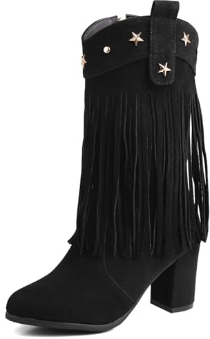 OALEEN Bottes à Franges Femme Mi-mollet Hiver Talon Haut Carré Bout Rond Clou Effet Daim Vintage Chaussures Cowboy Noir 52