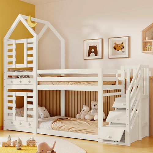 Jtyca Bunk Bed for Kids, Single Cabin Bed with Storage, Twin Sleeper Double Bunk Beds with Window for Children, Solid Pine Wood, 3FT-90 x 190cm, White, (Without Mattress)