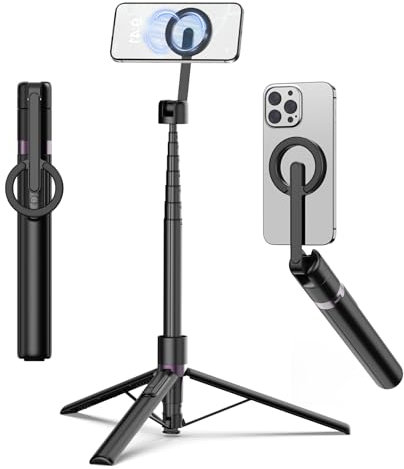 TONEOF 173cm Trípode Magnético para Movil Palo Selfie, Soporte Magnético de Aluminio-Teléfono Giratorio de 360°, Trípode Viaje Retráctil con Anillo Metálico&Control,Kits de Vídeo para Teléfonos-Negro