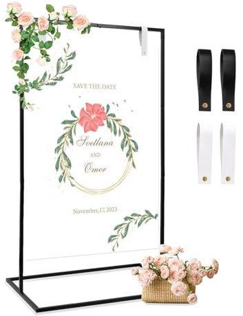 Tefola Support élégant pour panneau de mariage, Chevalet noir avec lanières en cuir, 123x73x53 cm, Idéal pour affiches de bienvenue, cérémonies, fêtes et expositions