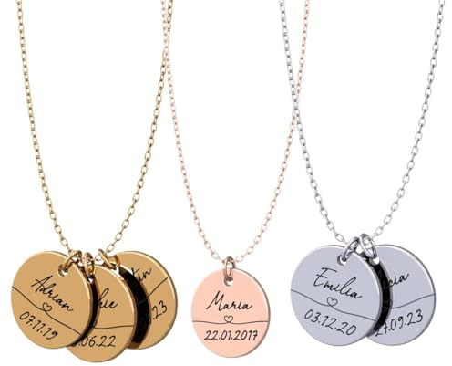 Collier personnalisé avec gravure | Plaque avec nom et dates de naissance des enfants | Cadeau maman | Or, argent, or rose | Acier inoxydable étanche | Fabriqué en Allemagne