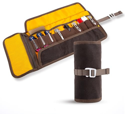 Werkzeug Rolltasche – Gewachste Leinwand Werkzeugrolle für Werkzeuge, Stifte & Tech (50.5 x 20.5 cm) | Robustes Mehrzweck-Werkzeugtasche mit Aluminiumhaken | Ideal für Reisen, Camping, Motorrad