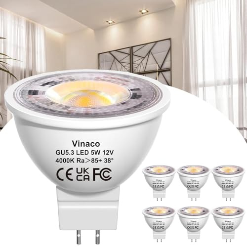 LED Glühbirne MR16 4000K Naturweiß, 6er Pack Langlebig GU5.3 LED 12V 50W Ersatz, Flimmerfrei 450LM MR16 5W, Nicht Dimmbar MR 16 GU5.3 38°-Strahler für Innen- und Außenanwendungen