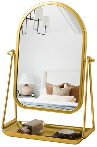 Gosider Specchio da toeletta ad arco dorato con rotazione regolabile a 360°, specchio da terra con cornice in metallo, con vassoio, specchio cosmetico per soggiorno, camera da letto, bagno