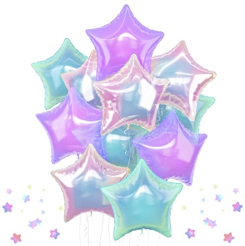 Iridescent Star Balloons, 9Pcs 18Inch Transparent Crystal Star Foil Balloon, Gradient Iridescent Pink Purple Green Pentagram Balloon for Princess Birthday Wedding Easter Party Decoration Mermaid Theme