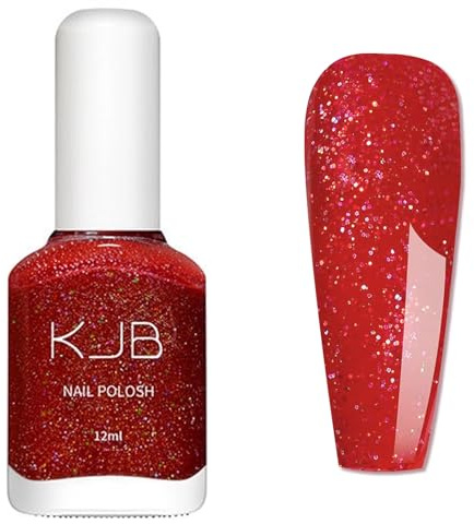 Coral Red Glitter Nail Polish - Orange Red Sparkly Nail Polish - 60 Seconds Quick Dry nail Varnish - Shimmer Nail polish with Laser Shine - Burgundy nail Polish Reflective, Breathable, Long Lasting