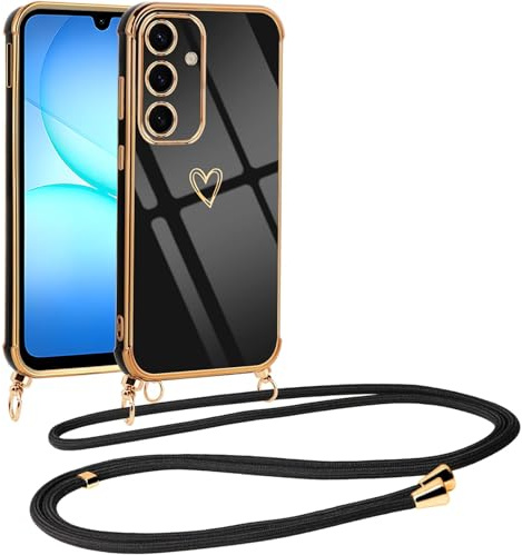 Vauki Funda con Cuerda para Samsung Galaxy A17 5G/4G, Patrón de Corazón TPU Carcasa, con Colgante Ajustable Collar Correa para el Cuello Cadena Cuerda, AntiChoque Suave Silicona Cover, Negro