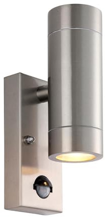 Bright Source GU10 Outdoor Wall Light Fitting, PIR Motion Sensor, Silver, Stainless Steel Construction, IP44 Rated, Modern Home Porch Light (1, Up/Down Wall Light)