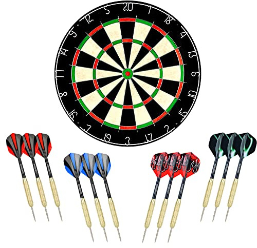 LinkVisions Sisal/Bristle Dartboard with Staple-Free Bullseye 17.8” x1.5 and 12 Steel Tip Darts 18g, Dartboard Mounting Kits Included