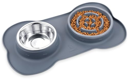 pecute Futternapf Fressnapf Hunde Katzen, 3-in-1 Langsame Fütterung, Hundenapf Edelstahl Katzenapf mit Rutschfesten Silikon Tablett Matte, Schüsel Lebensmittel Wassernapf Grau (L, Slow Feeder)