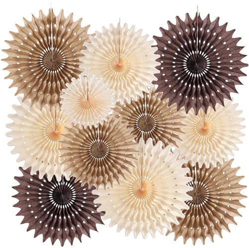 EASY JOY 11 PCS Brown Party Decorations Neutral Paper Fans Brown Hanging Tissue Pom Poms Paper Decorations for Boho Rustic Birthday Wedding Graduation Supplies