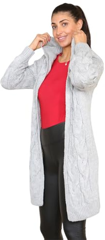 WearAll Women Ladies Cardigan Cable Knitted Oversized Long Hooded Chunky Jumper Cape Open Front Collarless Knit Top Silver Size 8-16