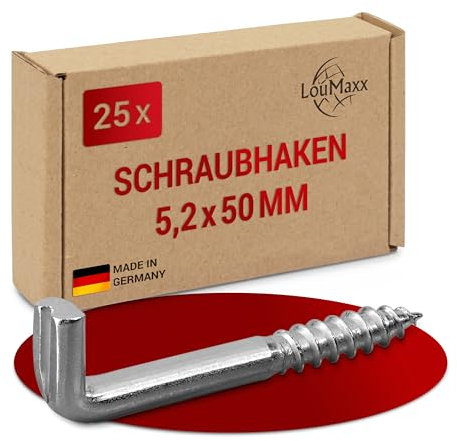 LouMaxx Lot de 25 crochets à visser 5,2 x 50 mm - Vis d'angle - Crochets d'étagère robustes avec charge jusqu'à 40 kg - Galvanisés