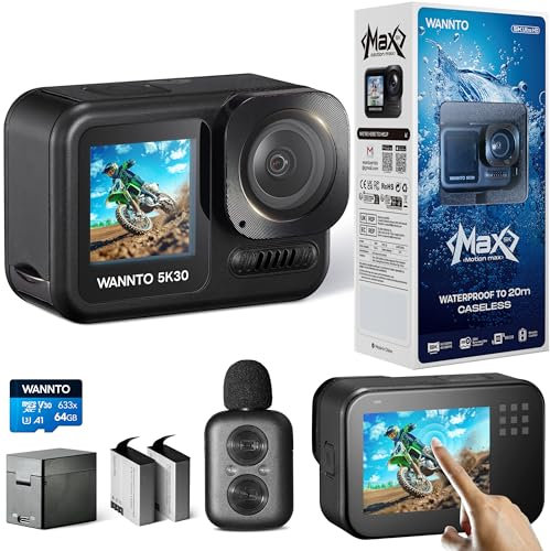 WANNTO Action Cam Motion Max 5K 30MP,IPX8 Unterwasserkamera 20M Wasserdicht ohne Gehäuse WiFi EIS Dual-Screen, mit 2in1 kabellosem Mikrofon Fernbedienung (Motion Max mit 64GB Speicherkarte)