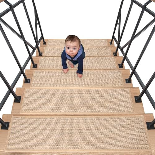 IPEB Treppenstufen Matten, Leinen Teppich Treppenstufen 20 X 76 cm, Anti-Rutsch Treppenmatten with Rubber Backing, Klebenstufenmatten Selbstklebend, Für Kinder Ältere Und Haustiere (15, Beige)
