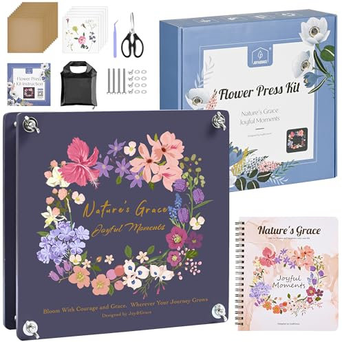 Joy&Grace Blumenpressen-Set für Erwachsene & Kinder, 27,7 x 27,7 cm (10,9 Zoll) – 10-lagige Pflanzenpresse mit DIY-Album, gestaltetem Cover & großem Trocknungs-Toolkit (Farbbox, Lila-Marineblau)
