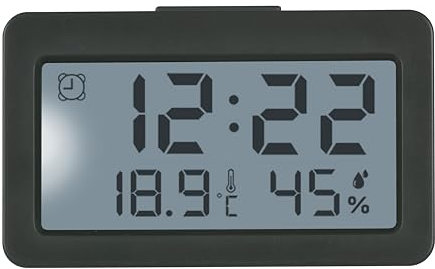 TFA Dostmann Digitaler Mini Wecker, 60.2045.10, mit Alarmfunktion, mit Thermometer und Luftfeuchtigkeitsmesser, ideal als Reiseuhr, für Klausuren, Quarzuhr, Tischuhr, klein und kompakt, grau