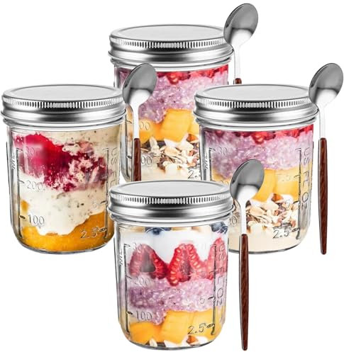 LOPYXBR 4 Pack Mason Jars for Overnight Oats 350ml/12oz Glass Breakfast Pots with Lids and Spoon, Reusable Yoghurt Pots Overnight Oats 350ml for Yogurt, Pudding Fruit Milk Cereal (4 PCS)