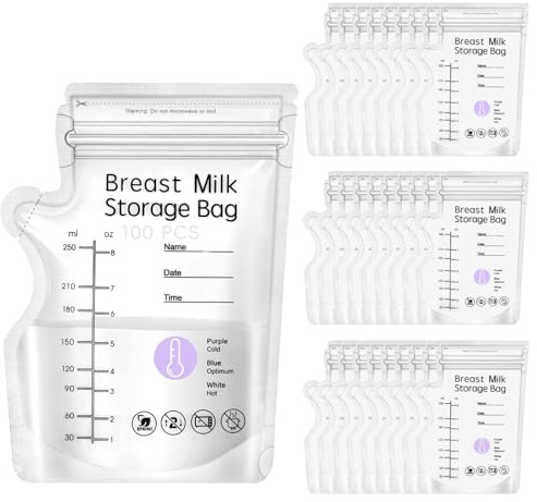 100 bolsas de almacenamiento de leche materna con detección de temperatura, 250 ml, sin BPA, sin BPS, bolsas de almacenamiento de leche, doble cierre de cremallera, boquilla fácil de verter, sin fugas