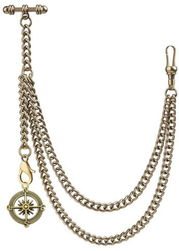 Kchss Single Albert Pocket Watch Chain T-Bar with Compass Rudder Pendant Bronze