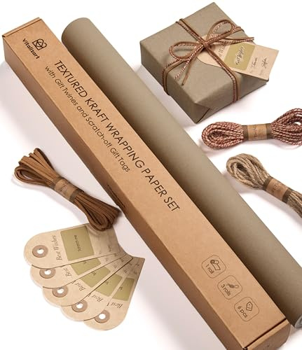 Vitalizart Papel de Regalo Kraft Rollo de 43 cm x 5 m con Cordones Cintas & Etiquetas para Regalos, Juego de Papel Marrón para Envolver Regalos de Cumpleaños, Navidad, Baby Showers & Bodas.