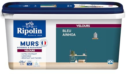 RIPOLIN - Peinture Intérieure Multi-Supports – Murs, Boiseries & Radiateurs – Ultra couvrante - Monocouche - Confort d'application - Aspect Velours - Bleu Ainhoa - 2,5L