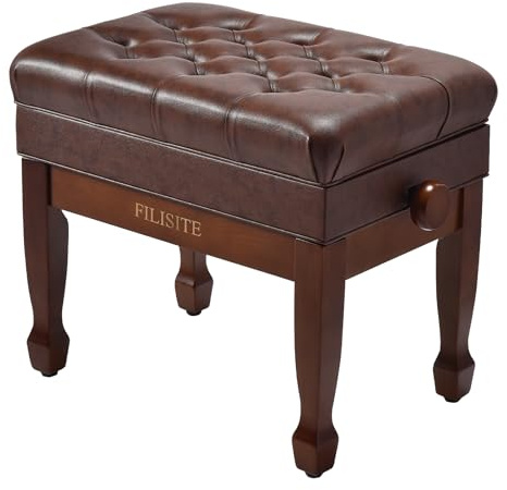 FILISITE Adjustable Height Piano Bench with Storage, Heavy Duty Solid Wood Piano Stool Keyboard Bench with PU Leather Padded Cushion(Wood)