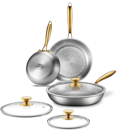 Titanium Pans for Cooking | 8/10/12 Inch Pure Titanium Skillet Set with Lids | Hammered Chef-Grade Tagine Design | PFAS/PFOA/PTFE-Free | Induction & Oven-Safe, Dishwasher Safe