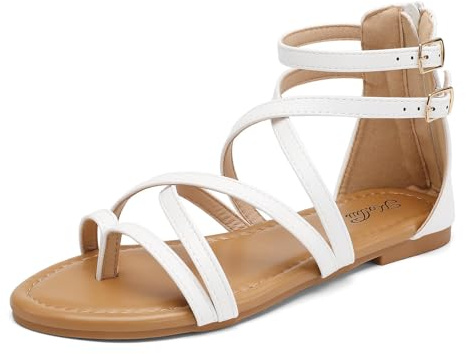 katliu Sandales à Brides Femme Plates Été Spartiates Blanc mat 38