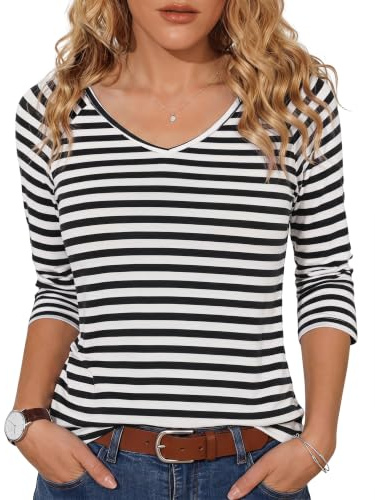 Terecey T Shirt Rayé Femme Col V Manches Trois Quarts Coupe Ample Mi Saison | Toucher Doux et Respirant, Tombé Fluide, Motif Marin Intemporel, Liberté de Mouvement, Bureau, Voyage et Vacances
