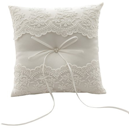 silktalk Almohada de Anillo de Boda hecha a mano cinta de arco Beige mosca Cojín de anillo portador encaje algodón 21 cm * 21 cm