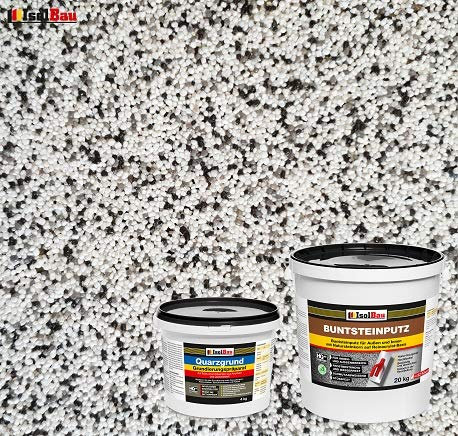 Isolbau - Buntsteinputz für Außen und Innen (Weiß, Grau, Schwarz) 20 kg - BP10 Mosaikputz Dekorationsputz Frostsicher, Wasserfest, Stoßfest - mit Quarzgrund 4 kg