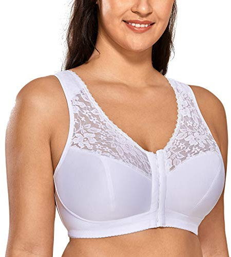 Delimira Women's Front Fastening Bras Lace Wireless Plus Size Full Coverage Racerback Support Bra White 44E